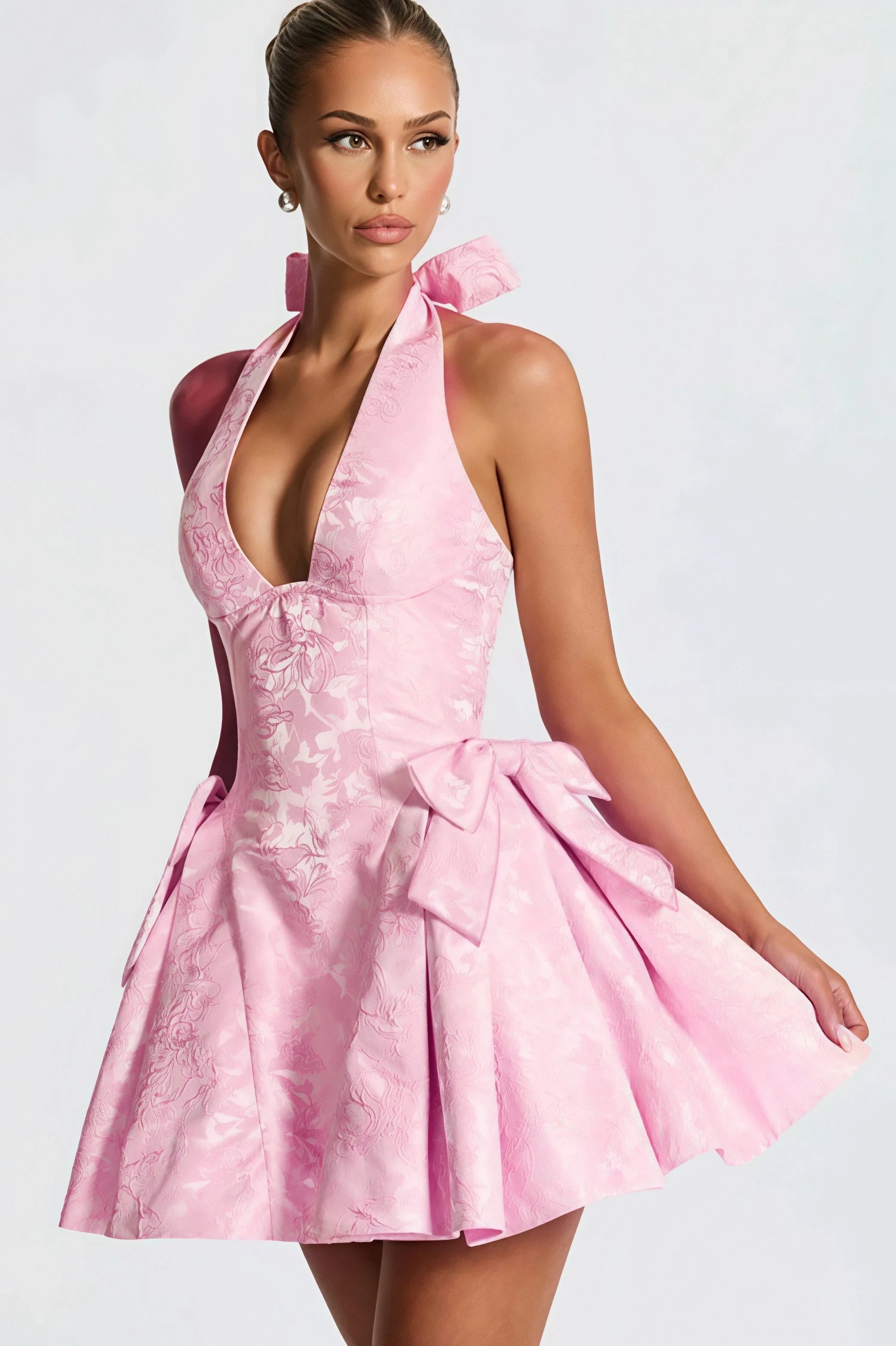 Elegant A-Line Halter Tie Bow Jacquard Pink Mini Homecoming Dress For Ladies