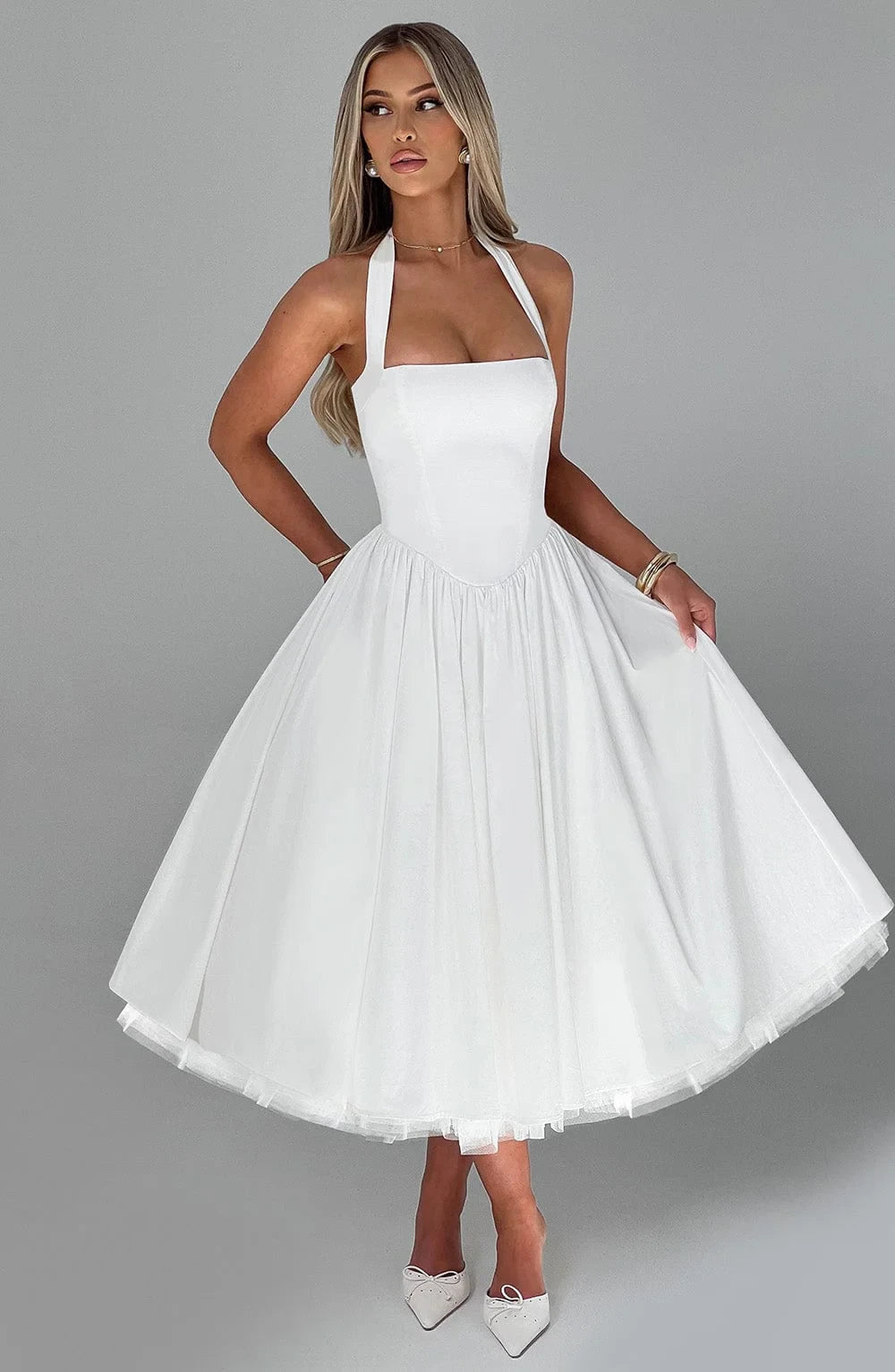 Elegant A-Line Halter Tie Lace Up Back Tulle White Tea-Length Prom Dress