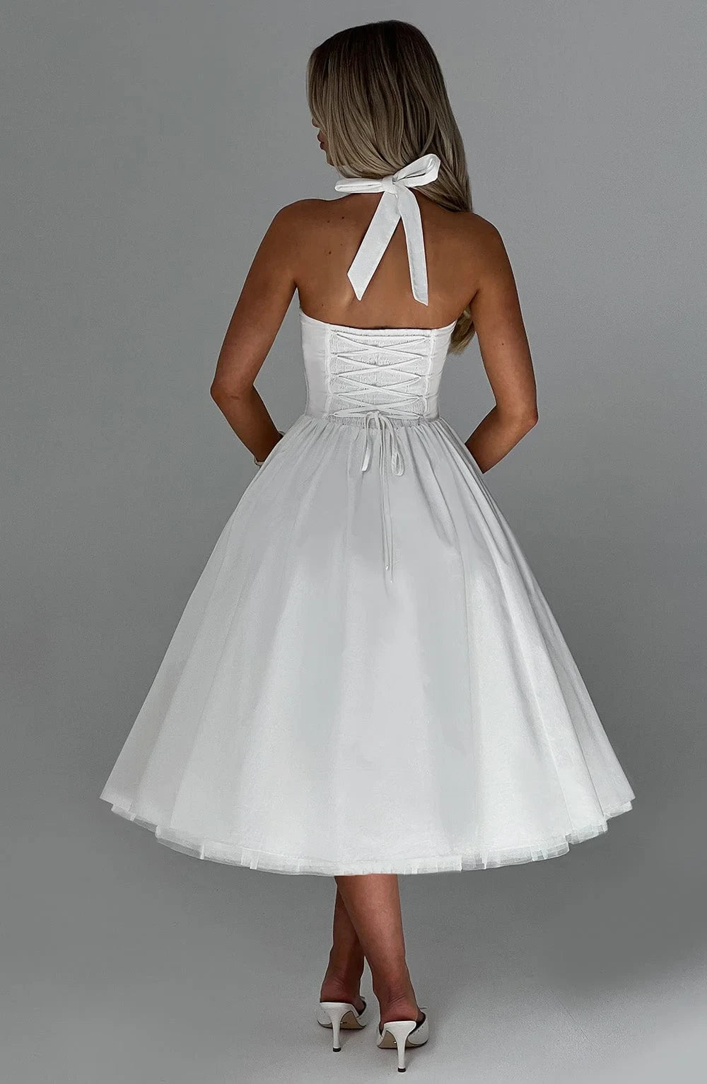 Elegant A-Line Halter Tie Lace Up Back Tulle White Tea-Length Prom Dress
