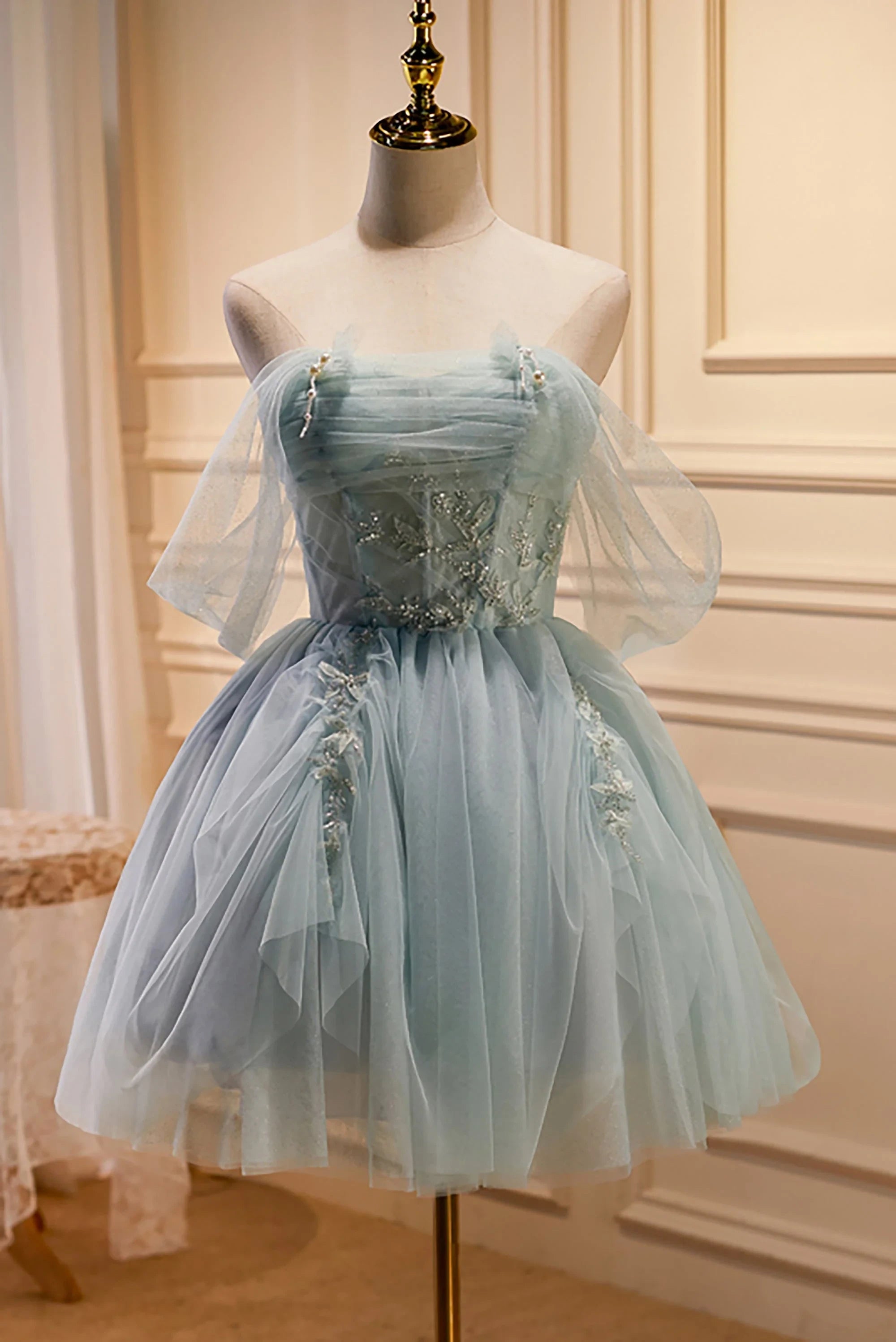 Elegant A-Line Off-Shoulder Beaded Tulle Light Blue Short Homecoming Dresses