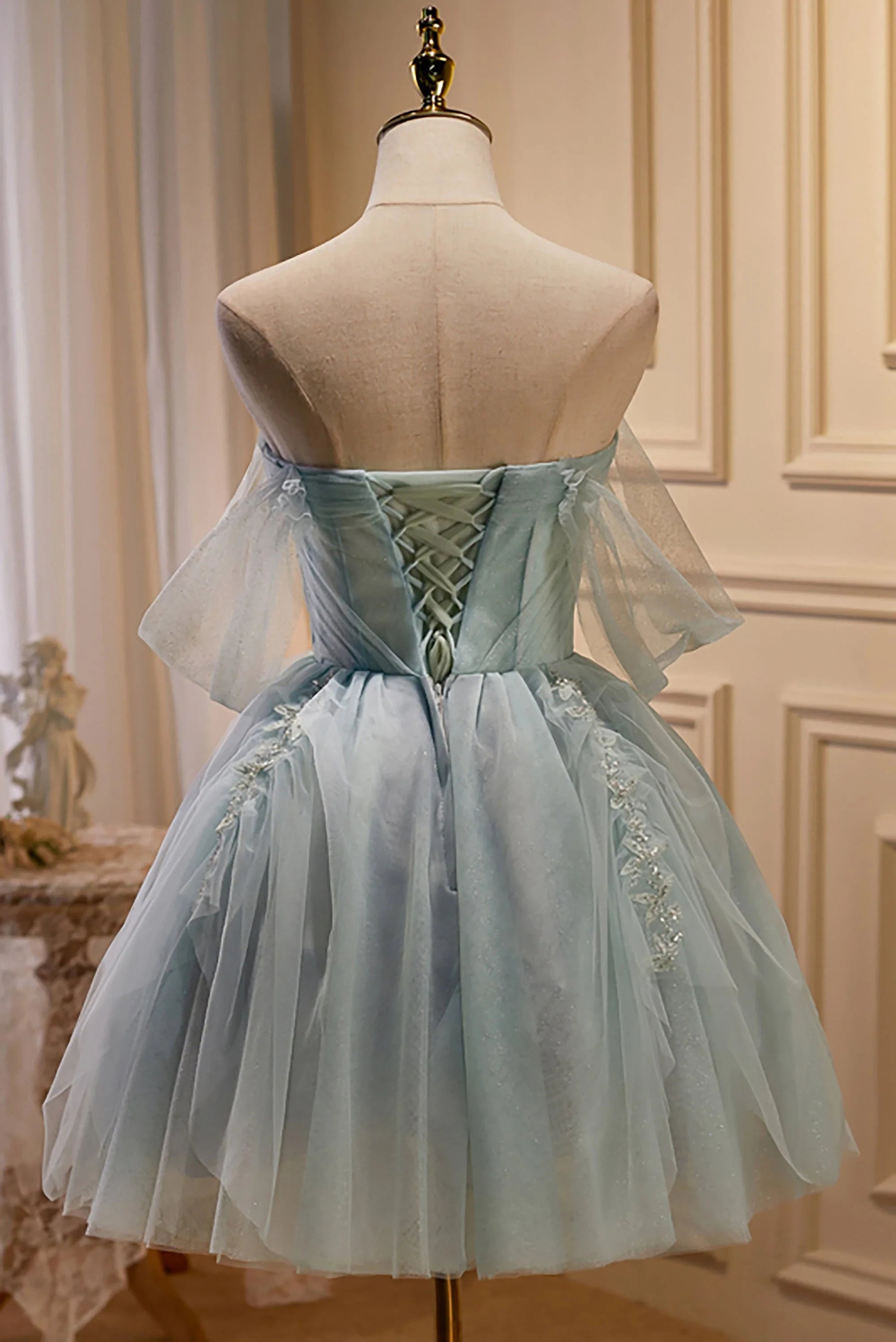 Elegant A-Line Off-Shoulder Beaded Tulle Light Blue Short Homecoming Dresses