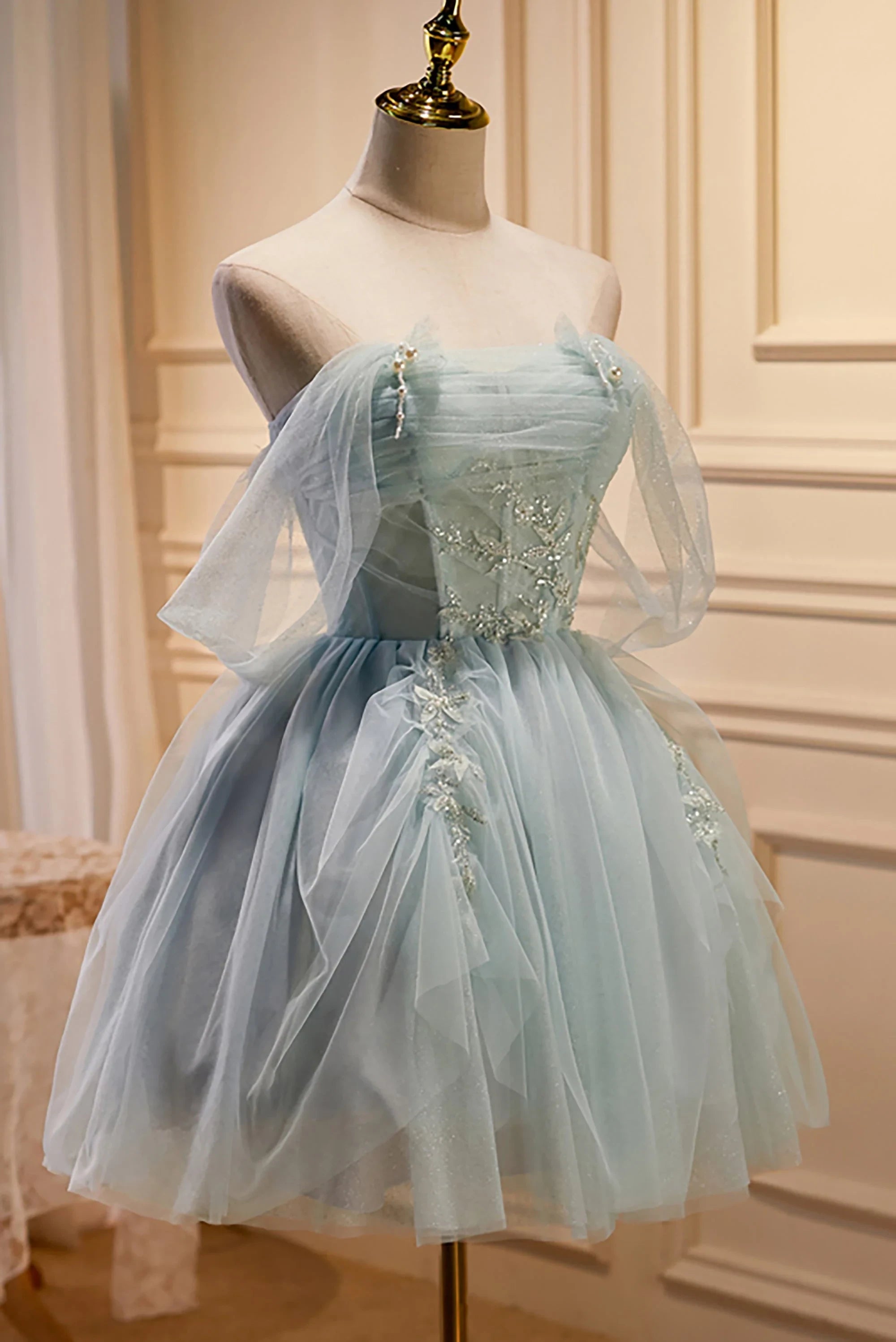 Elegant A-Line Off-Shoulder Beaded Tulle Light Blue Short Homecoming Dresses