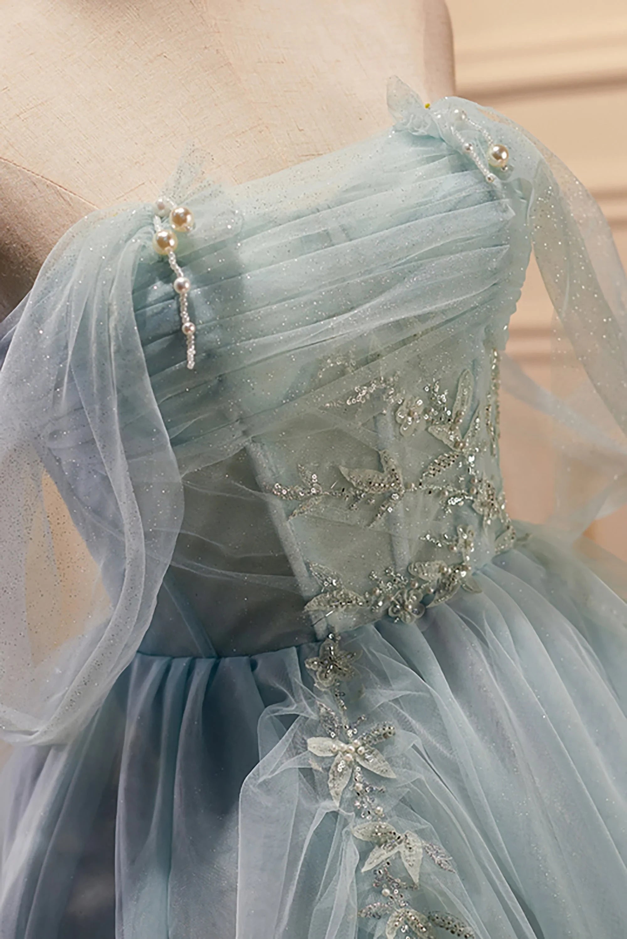 Elegant A-Line Off-Shoulder Beaded Tulle Light Blue Short Homecoming Dresses