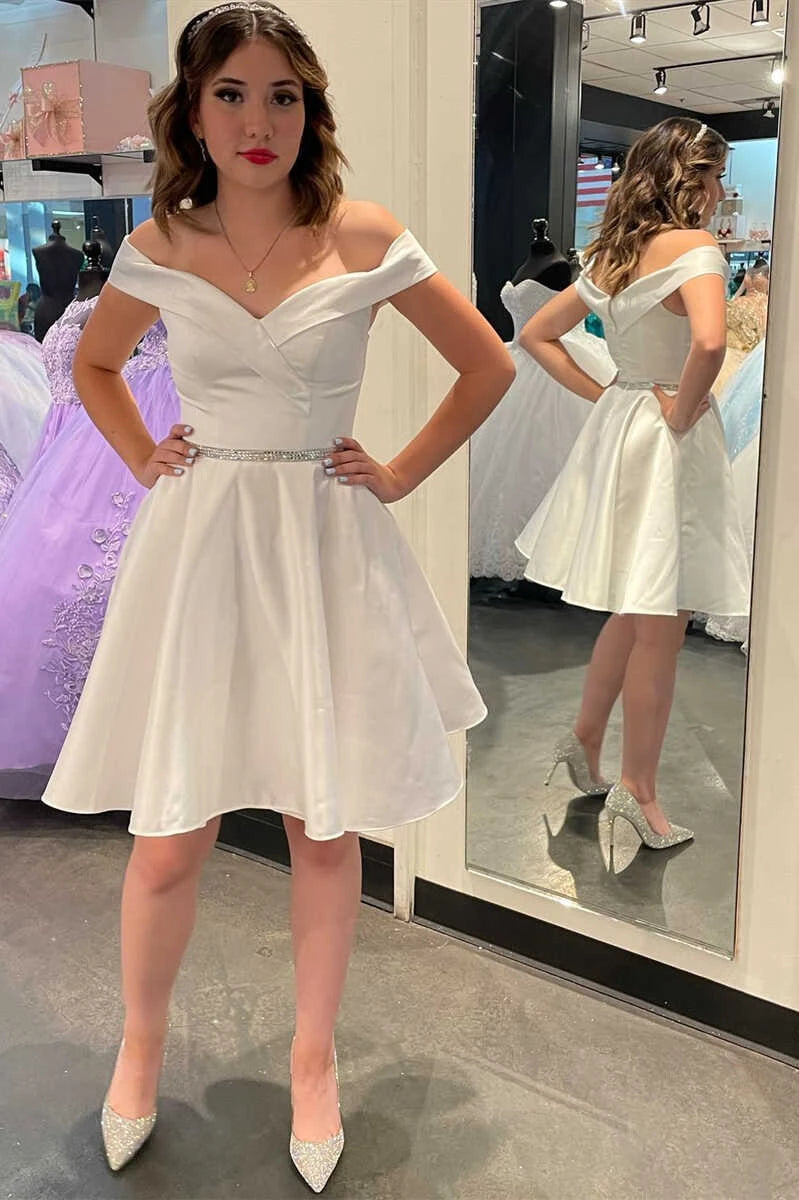 Elegant A-Line Off-Shoulder Beaded Waist Satin White Short Homecoming Dresses