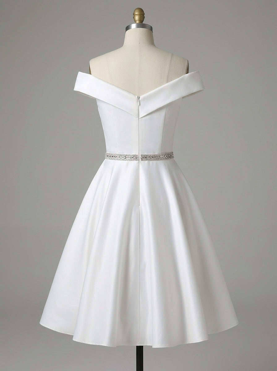 Elegant A-Line Off-Shoulder Beaded Waist Satin White Short Homecoming Dresses