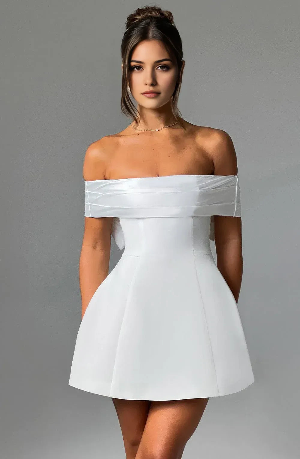 Elegant A-Line Off-Shoulder Bow Back White Mini Homecoming Dress Ready To Ship