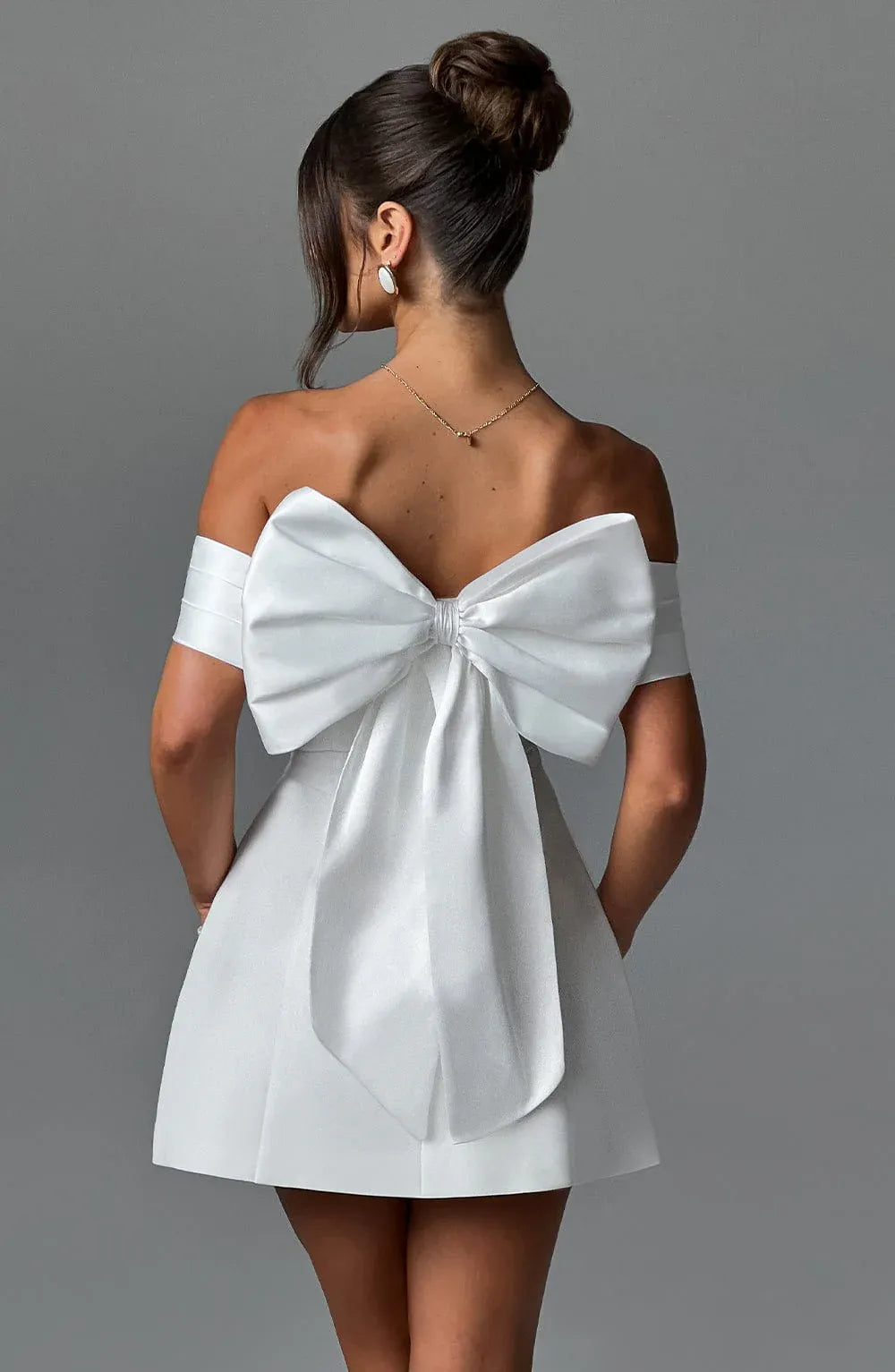 Elegant A-Line Off-Shoulder Bow Back White Mini Homecoming Dress Ready To Ship