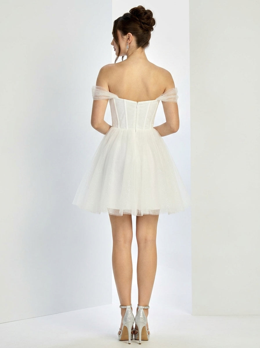 Elegant A-Line Off-Shoulder Corset Beaded Off-White Short Homecoming Dress