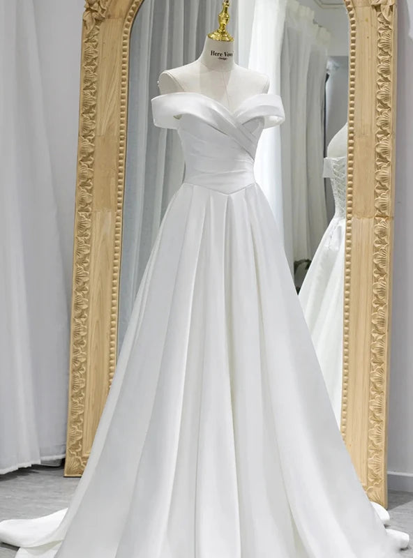Elegant A-Line Off-Shoulder Corset Ruched Satin White Floor-Length Wedding Dresses