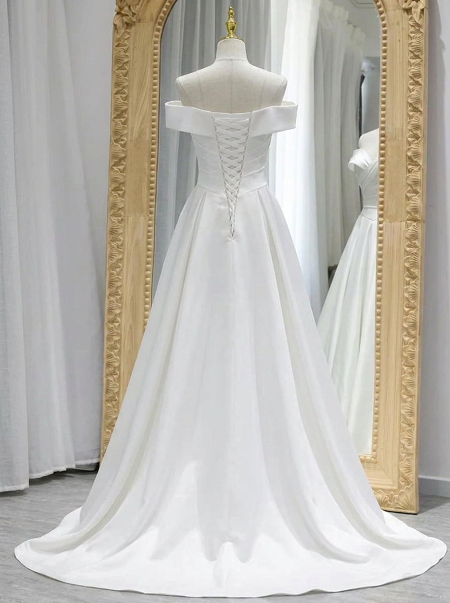 Elegant A-Line Off-Shoulder Corset Ruched Satin White Floor-Length Wedding Dresses