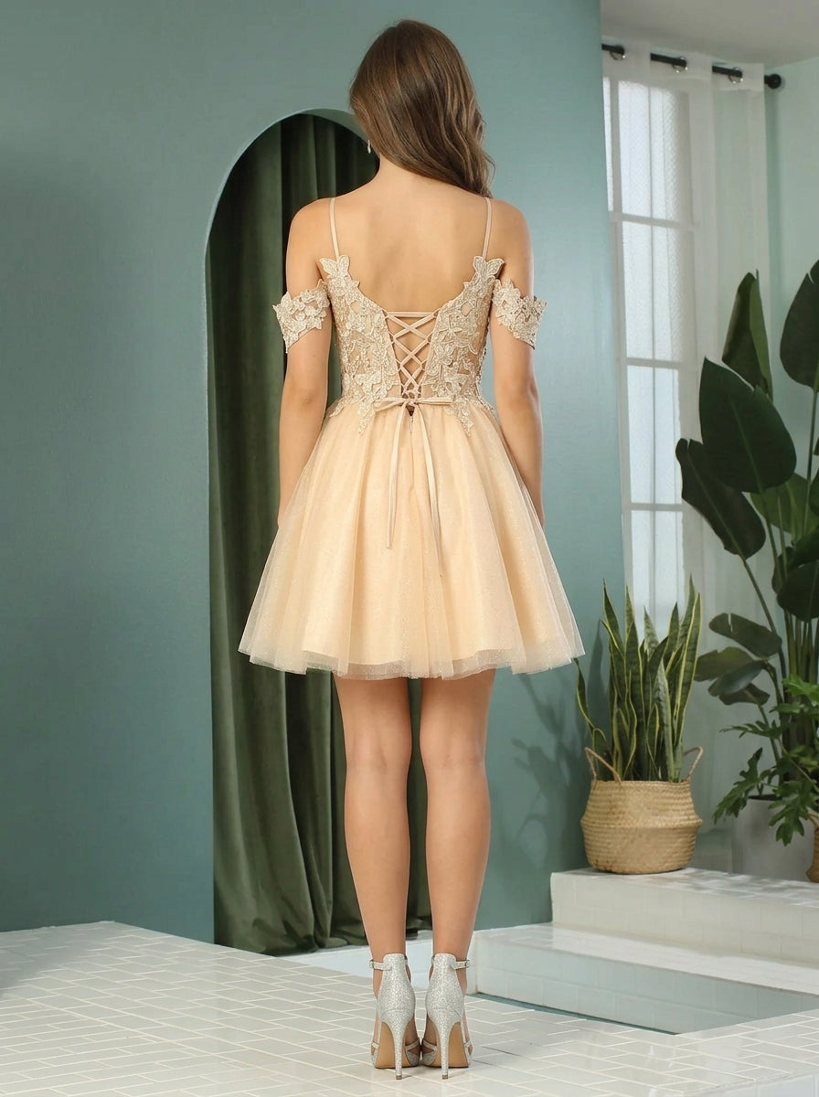Elegant A-Line Off-Shoulder Floral Applique Glitter Tulle Short Homecoming Dress