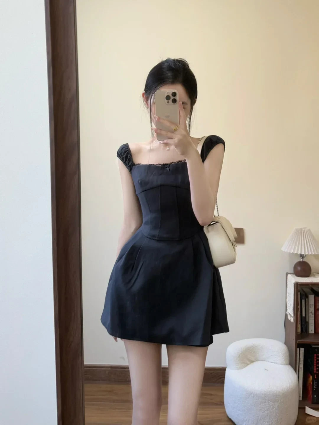 Elegant A-Line Off-Shoulder Puff Sleeve Corset Satin Black Mini Homecoming Dresses