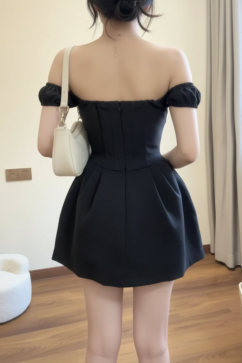 Elegant A-Line Off-Shoulder Puff Sleeve Corset Satin Black Mini Homecoming Dresses