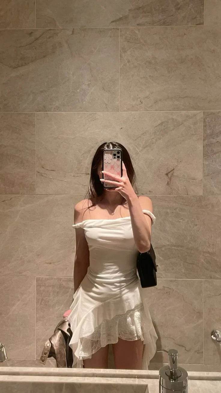Elegant A-Line Off-Shoulder Ruched Ruffle Chiffon Lace White Short Homecoming Dresses