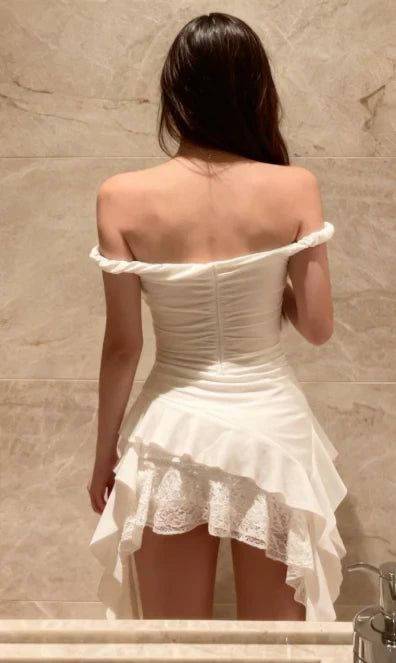Elegant A-Line Off-Shoulder Ruched Ruffle Chiffon Lace White Short Homecoming Dresses