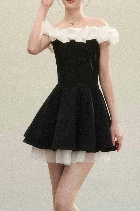 Elegant A-Line Off-Shoulder Ruffled Layered Black White Short Homecoming Dresses