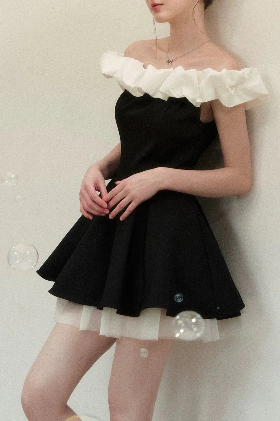 Elegant A-Line Off-Shoulder Ruffled Layered Black White Short Homecoming Dresses