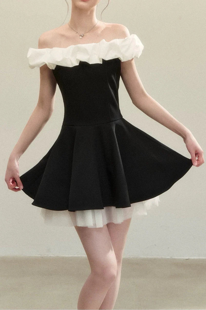 Elegant A-Line Off-Shoulder Ruffled Layered Black White Short Homecoming Dresses