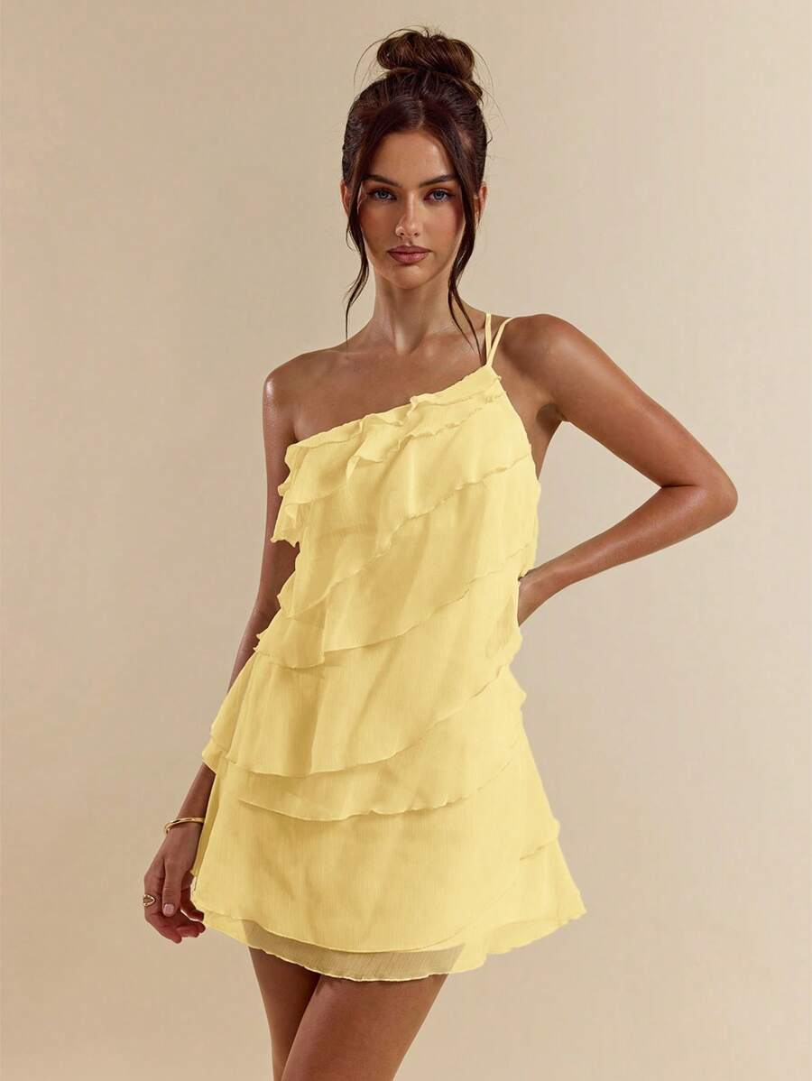 Elegant A-Line One-Shoulder Layered Ruffled Pastel Yellow Short Homecoming Dresses