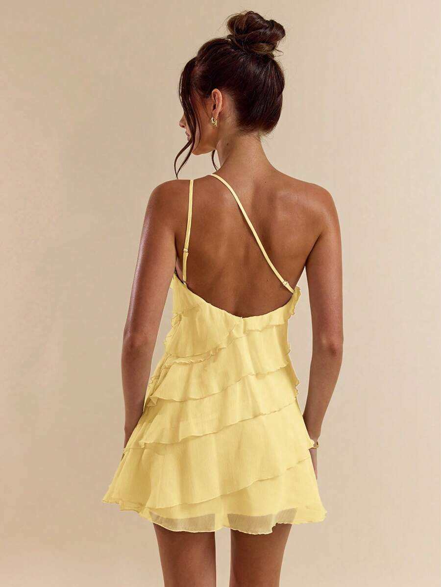 Elegant A-Line One-Shoulder Layered Ruffled Pastel Yellow Short Homecoming Dresses