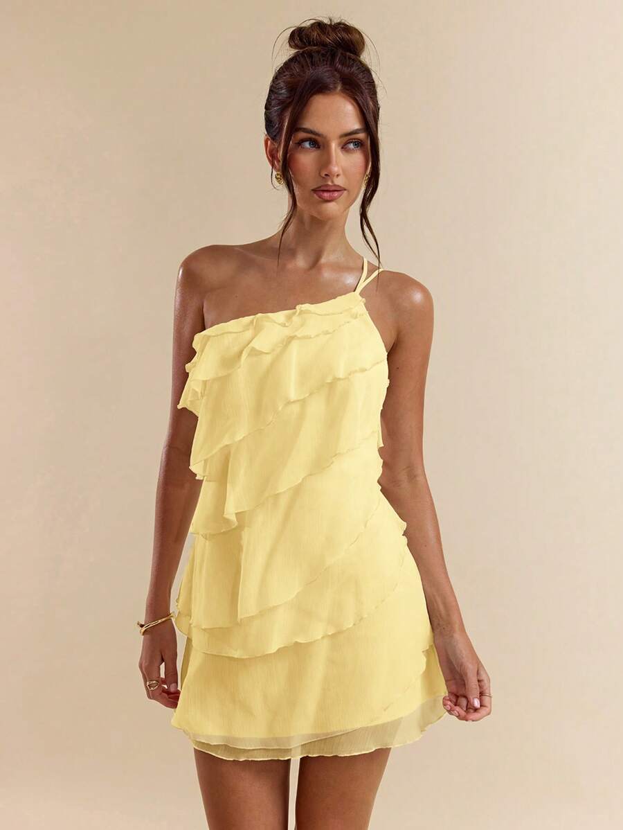 Elegant A-Line One-Shoulder Layered Ruffled Pastel Yellow Short Homecoming Dresses