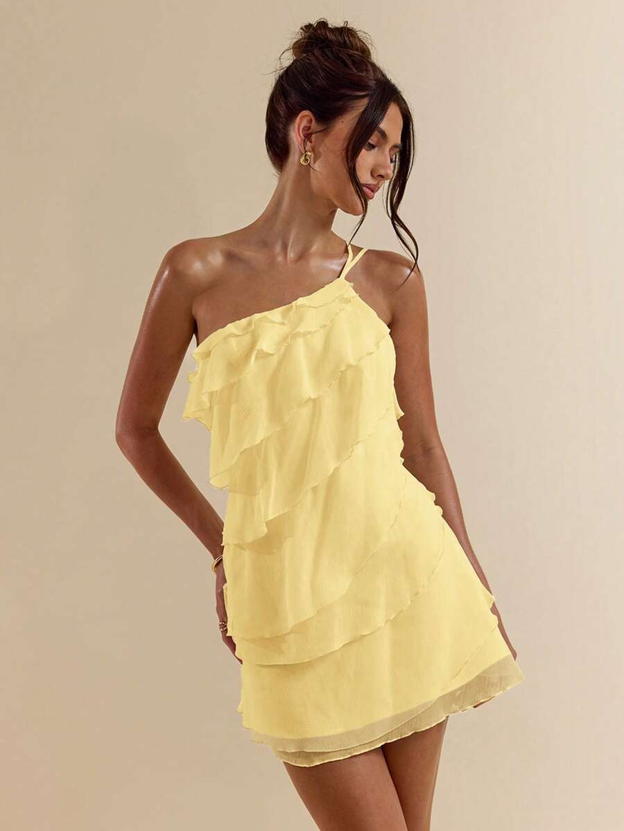 Elegant A-Line One-Shoulder Layered Ruffled Pastel Yellow Short Homecoming Dresses