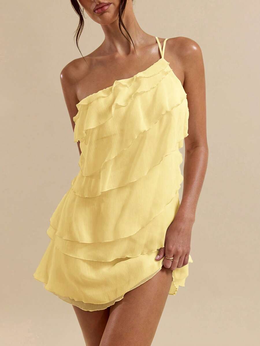 Elegant A-Line One-Shoulder Layered Ruffled Pastel Yellow Short Homecoming Dresses