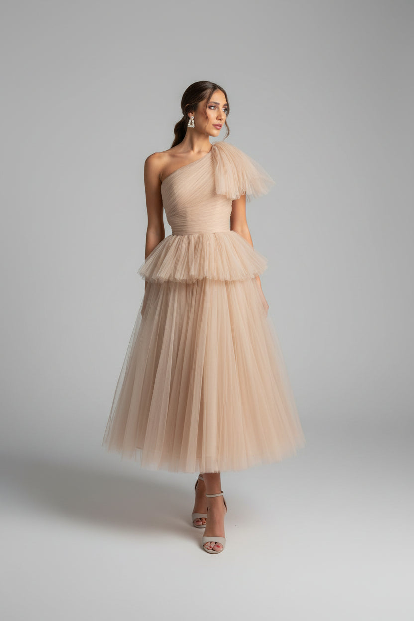 Elegant A-Line One-Shoulder Ruffled Tulle Champagne Tea Length Homecoming Dresses