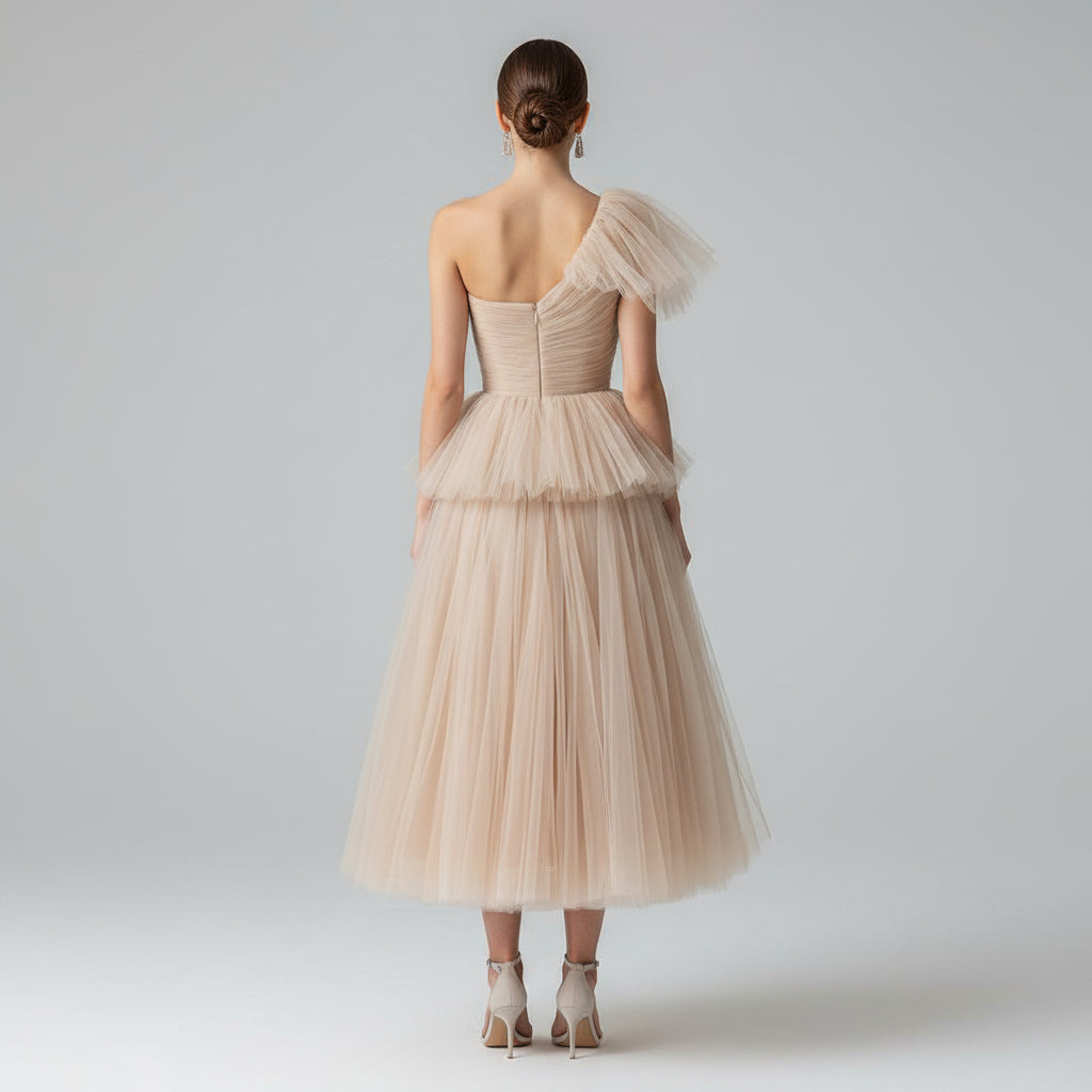 Elegant A-Line One-Shoulder Ruffled Tulle Champagne Tea Length Homecoming Dresses
