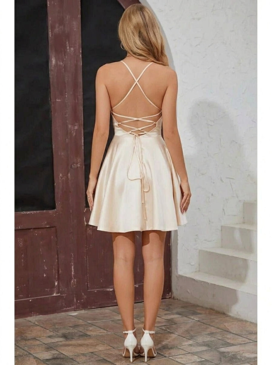 Elegant A-Line Spaghetti Straps Backless Pockets Satin Champagne Short Homecoming Dress