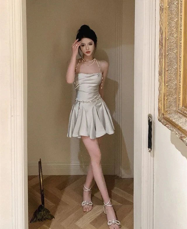 Elegant A-Line Spaghetti Straps Pleated Satin Silver Grey Mini Homecoming Dresses