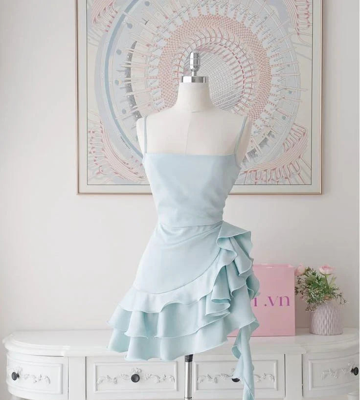 Elegant A-Line Spaghetti Straps Ruffled Asymmetrical Light Blue Short Homecoming Dresses