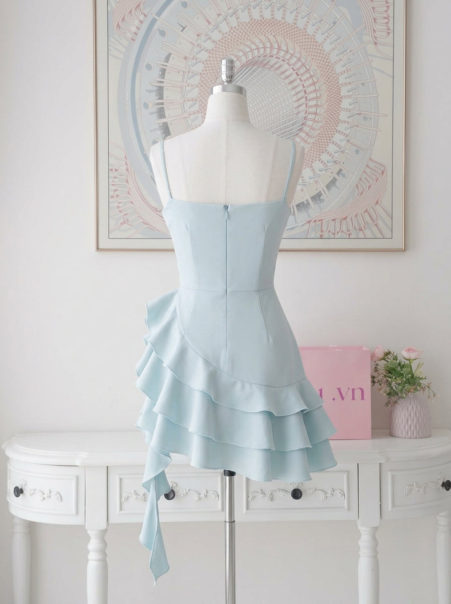 Elegant A-Line Spaghetti Straps Ruffled Asymmetrical Light Blue Short Homecoming Dresses