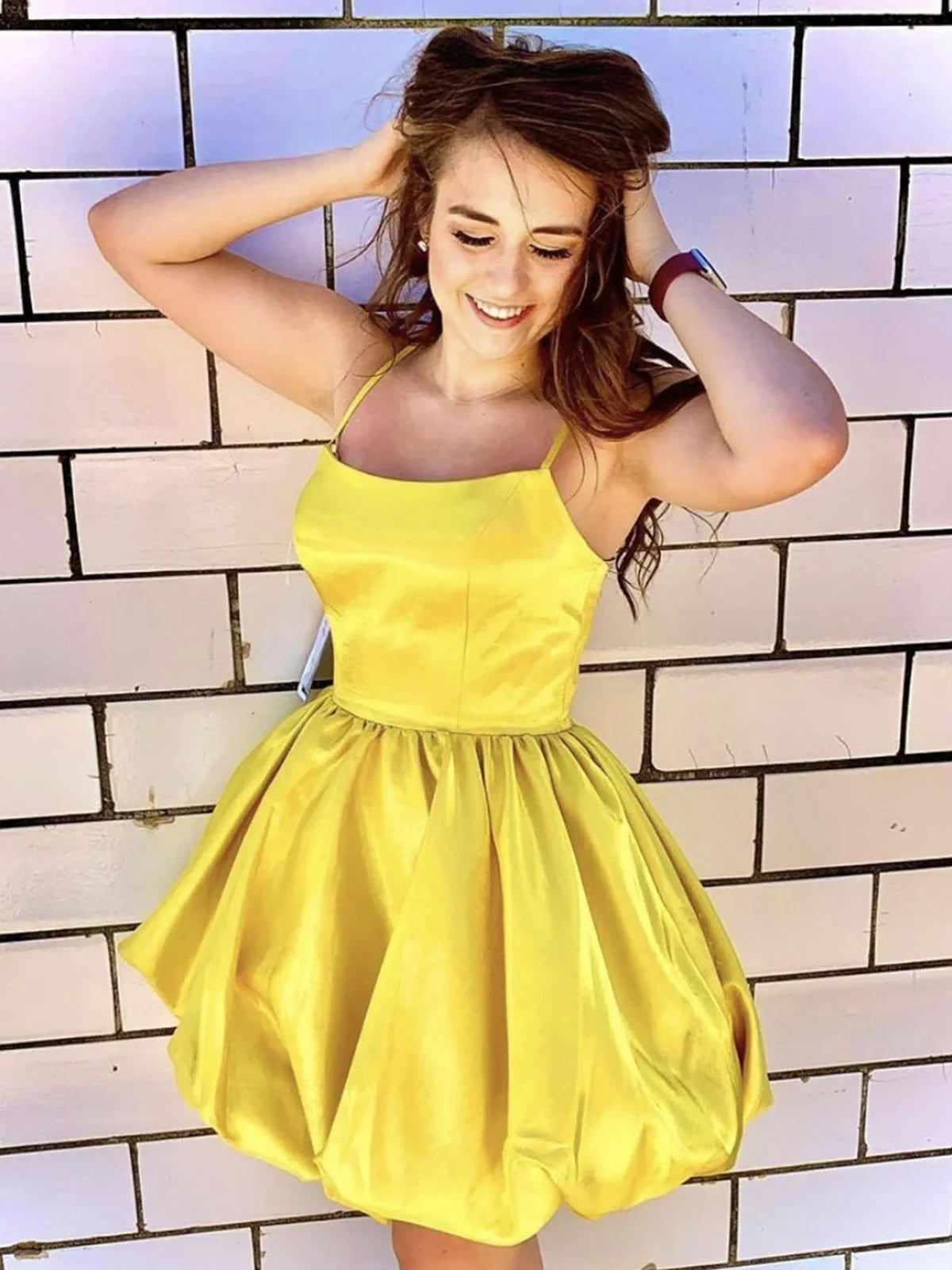 Elegant A-Line Spaghetti Straps Satin Yellow Short Homecoming Dress With Bubble Hem