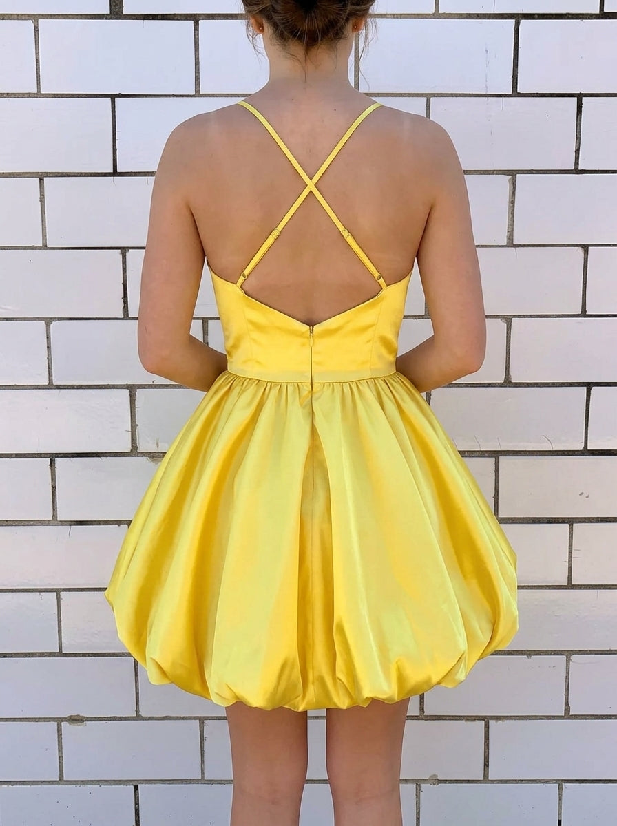 Elegant A-Line Spaghetti Straps Satin Yellow Short Homecoming Dress With Bubble Hem