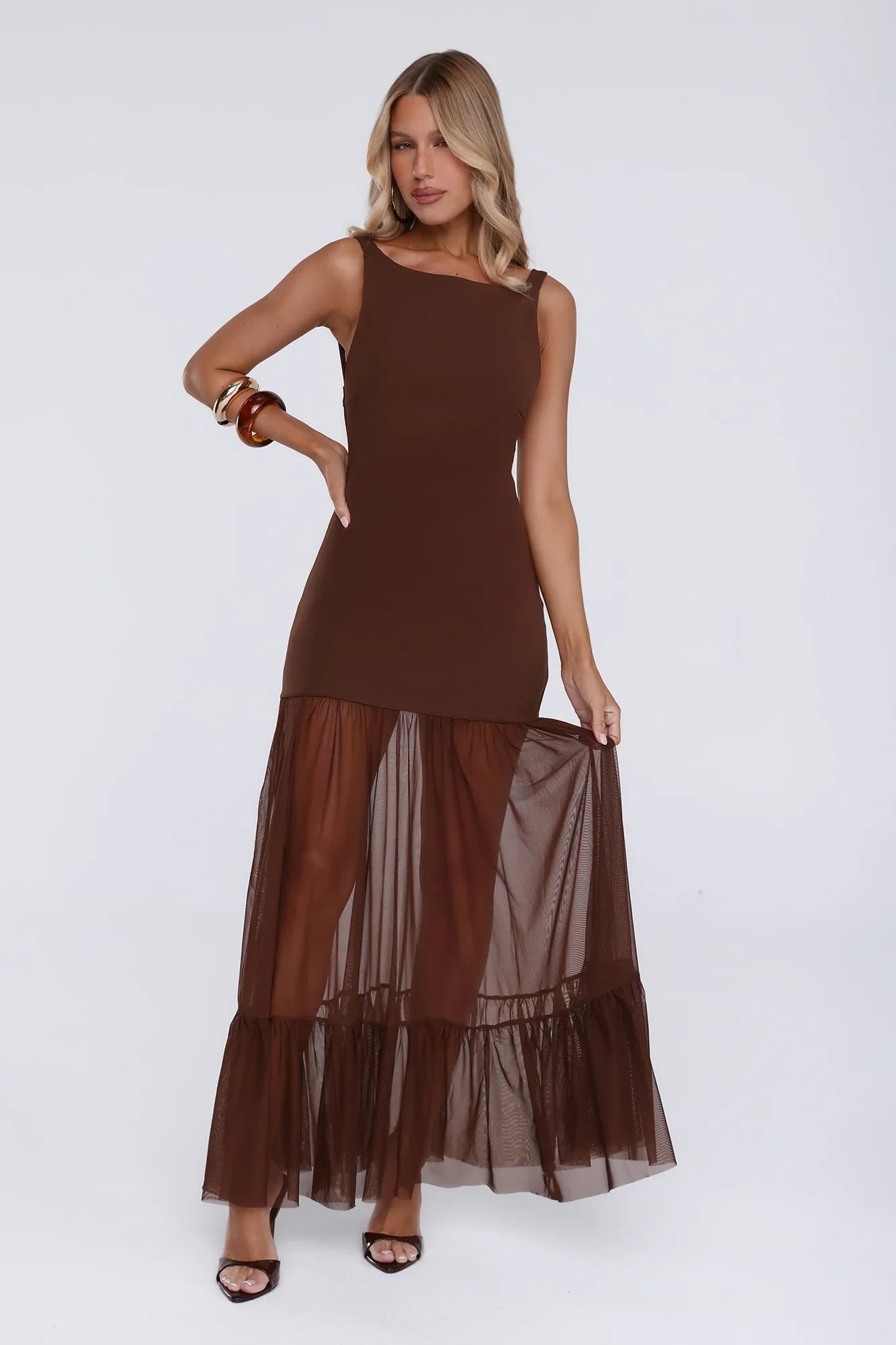 Elegant A-Line Square Neck Backless Tiered Sheer Flowy Hem Brown Maxi Prom Dress