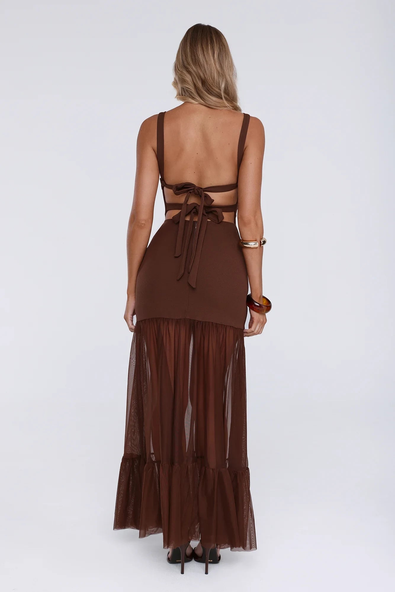 Elegant A-Line Square Neck Backless Tiered Sheer Flowy Hem Brown Maxi Prom Dress