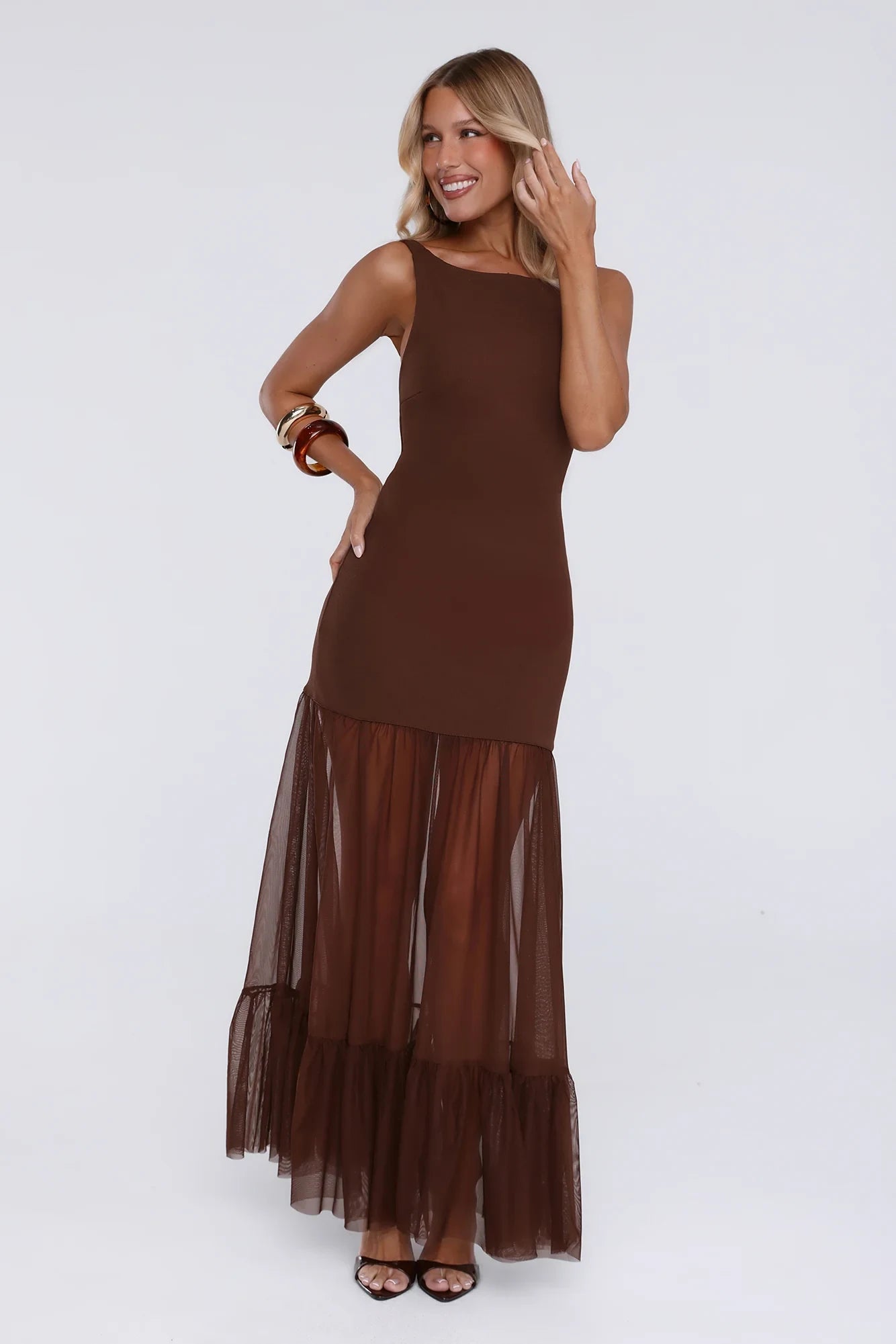 Elegant A-Line Square Neck Backless Tiered Sheer Flowy Hem Brown Maxi Prom Dress