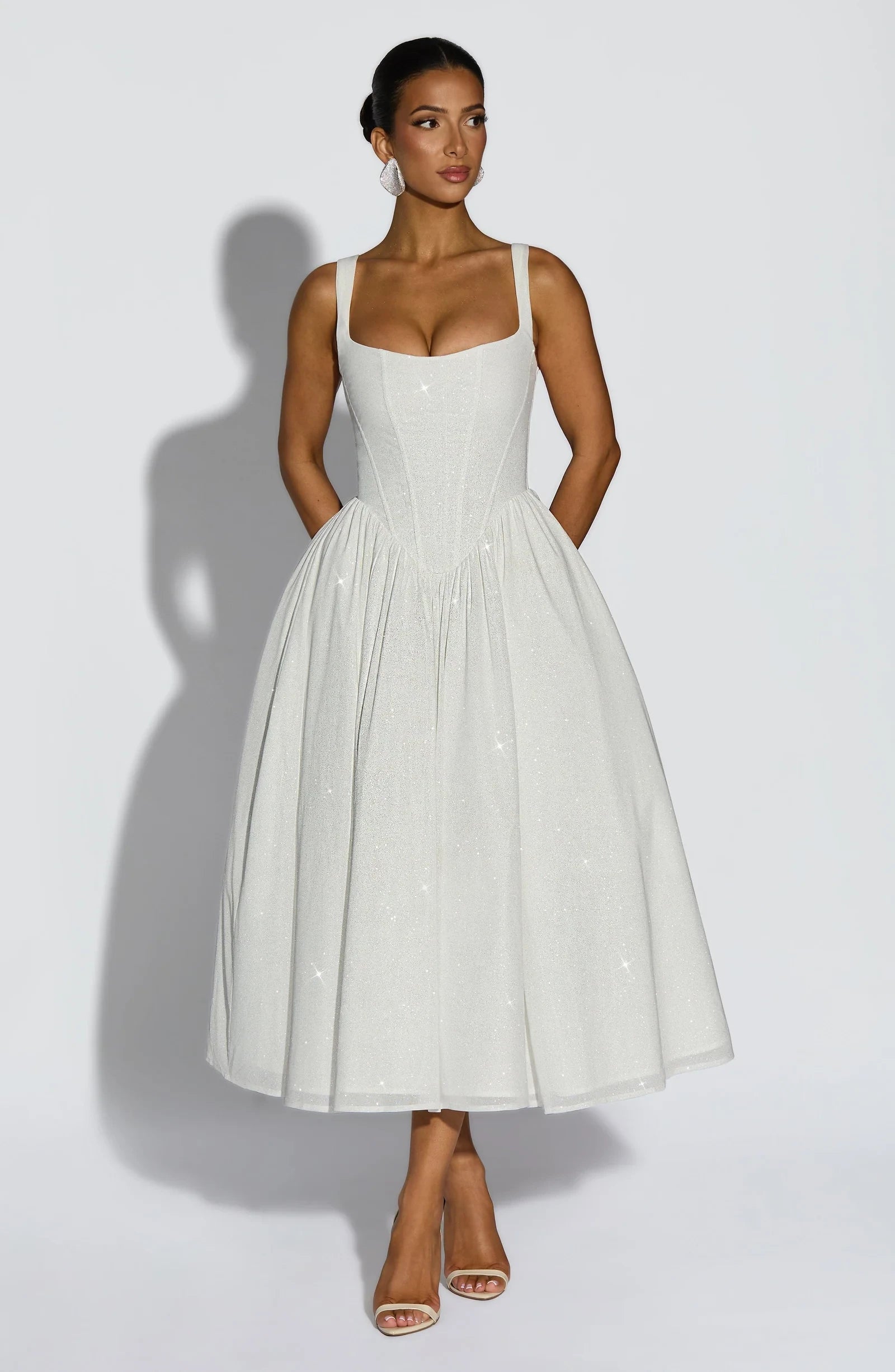 Elegant A-Line Square Neck Corset Glittering Ivory Tea-Length Prom Dress