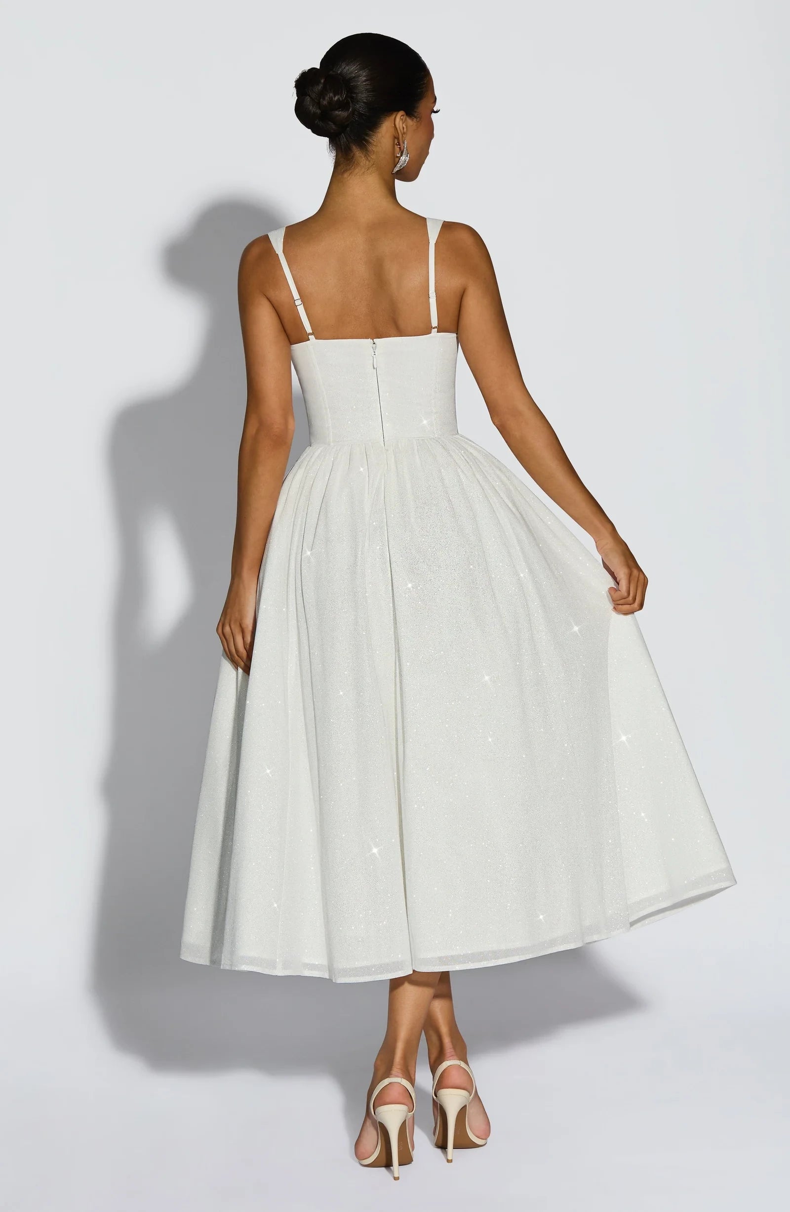 Elegant A-Line Square Neck Corset Glittering Ivory Tea-Length Prom Dress