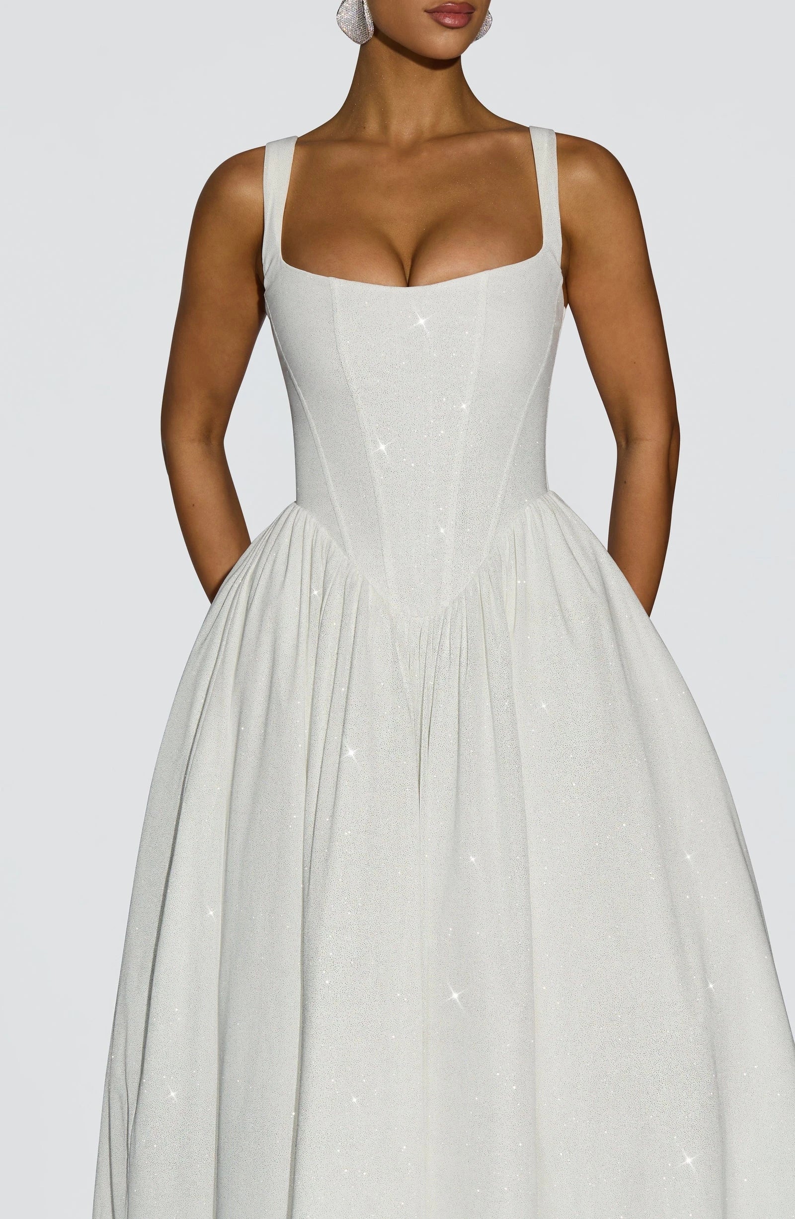 Elegant A-Line Square Neck Corset Glittering Ivory Tea-Length Prom Dress