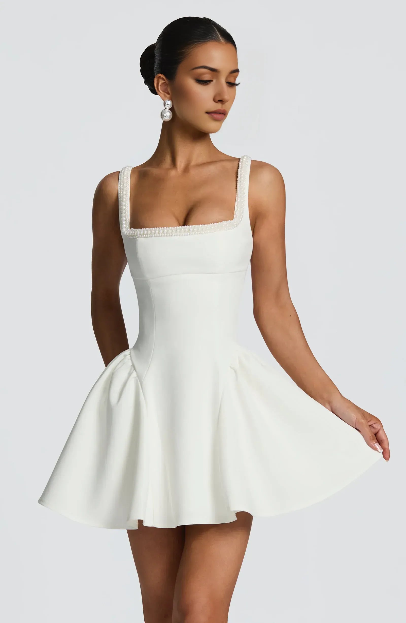 Elegant A-Line Square Neck Pearl Ruffle Ivory Mini Homecoming Dress For Ladies