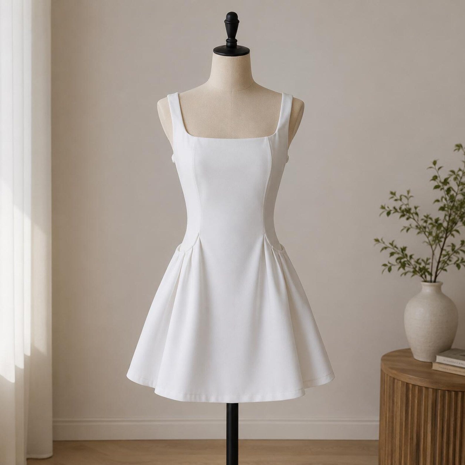 Elegant A-Line Square Neck Pleated Minimalist White Short Homecoming Dress