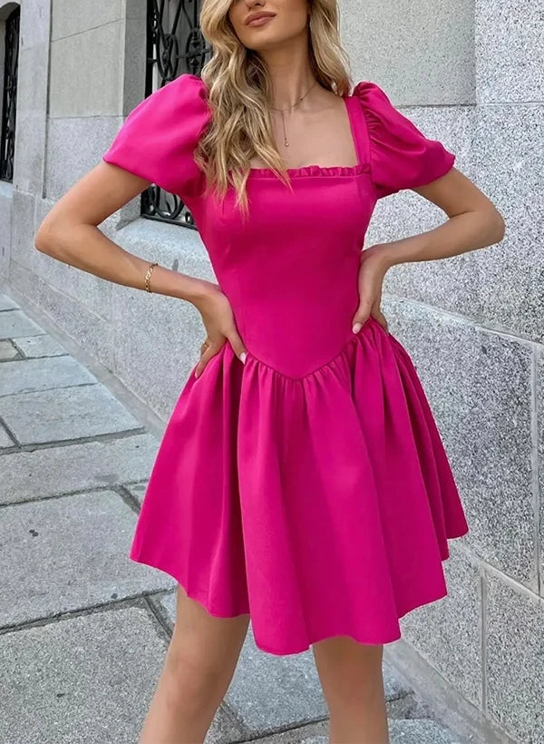 Elegant A-Line Square Neck Puffy Sleeves Ruffled Hot Pink Short Homecoming Dress