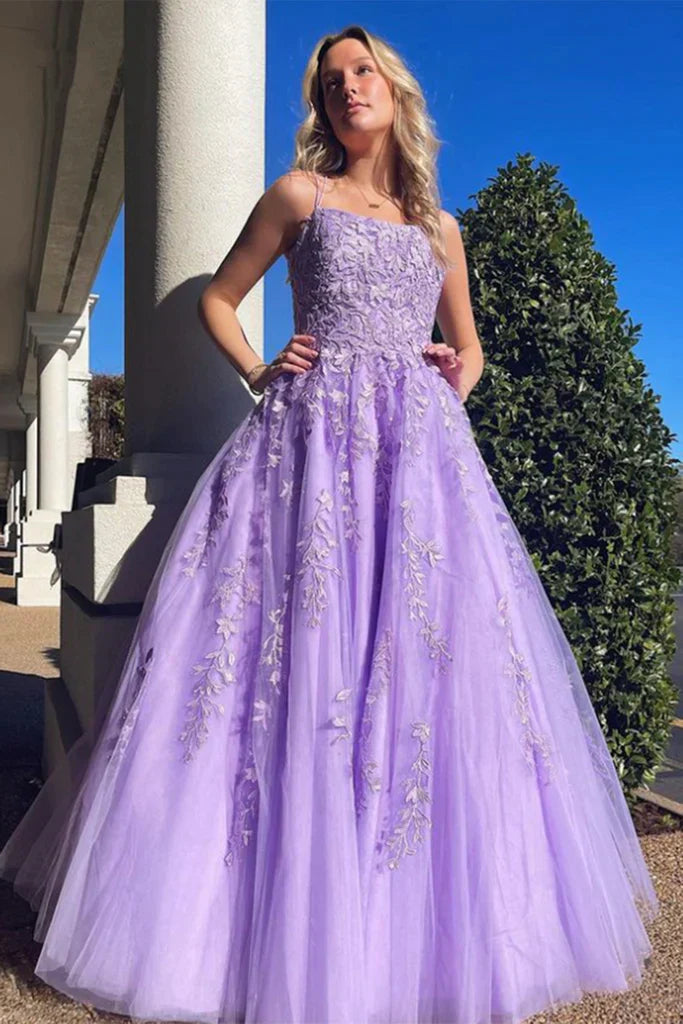 Elegant A-Line Square Neck Sleeveless Lace Up Floor-Length Prom Dress