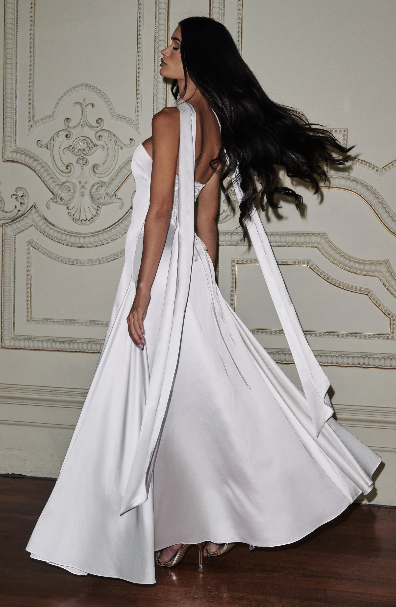 Elegant A-Line Strapless Draped Flowing Ivory Floor-Length Prom Dress