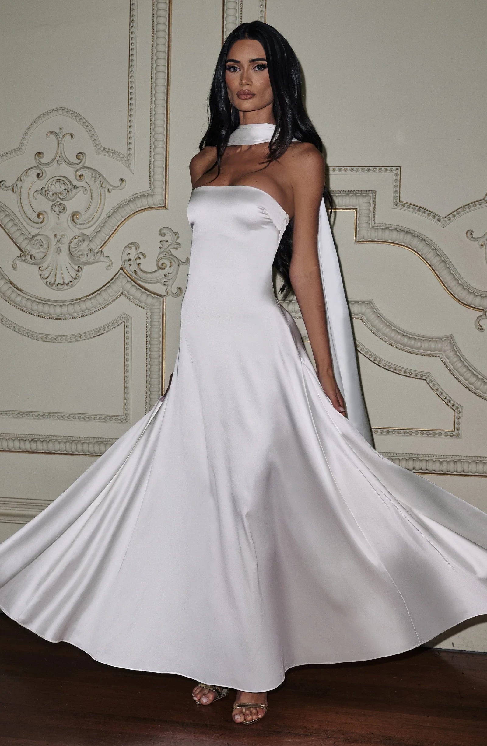 Elegant A-Line Strapless Draped Flowing Ivory Floor-Length Prom Dress