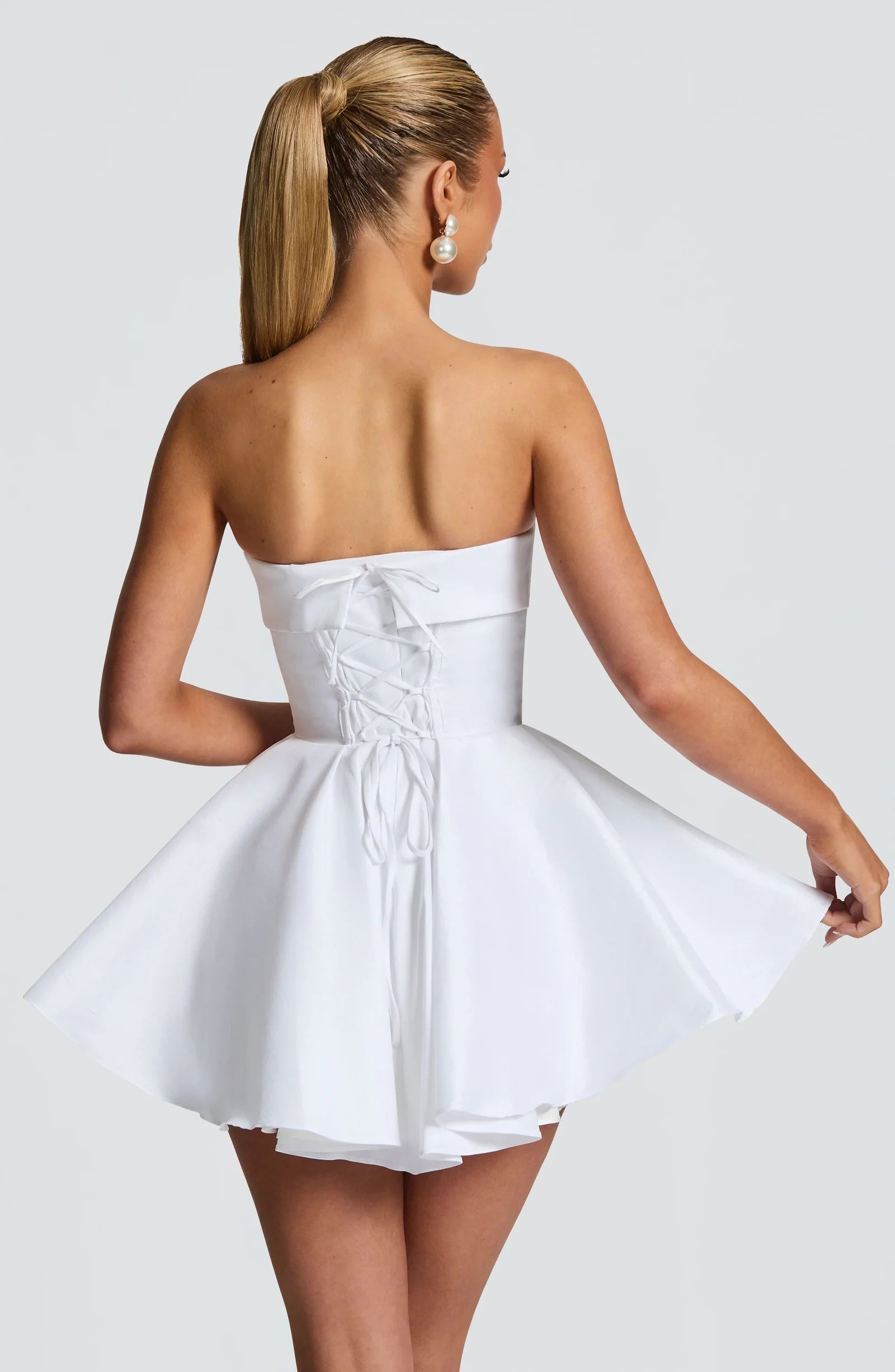 Elegant A-Line Strapless Lace Up Back Flared Taffeta White Mini Homecoming Dress
