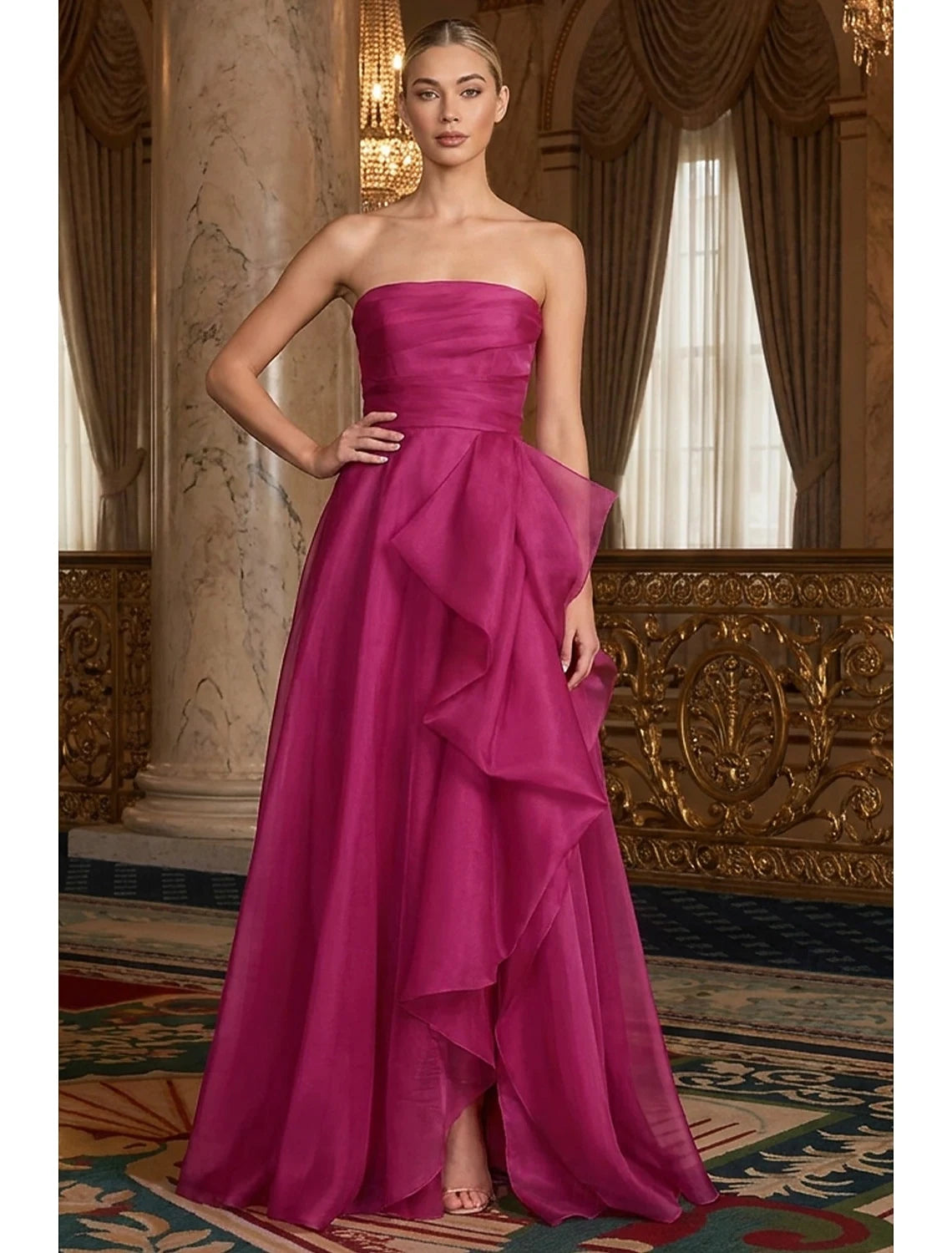 Elegant A-Line Strapless Ruched Bodice Ruffled Organza Fuchsia Floor-Length Prom Dress