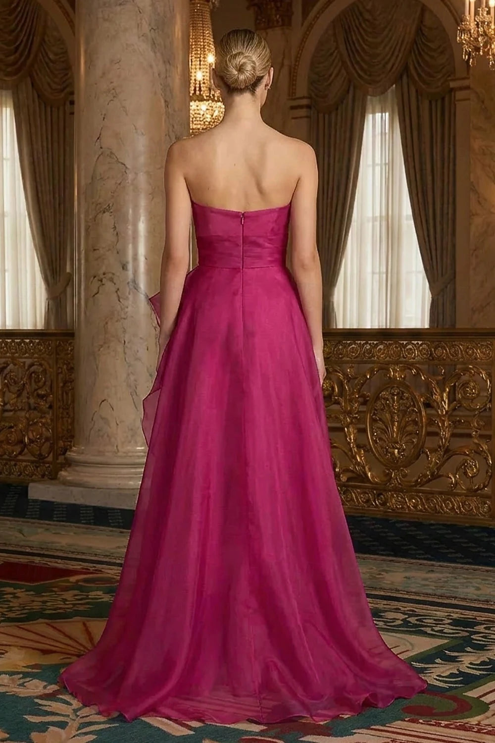 Elegant A-Line Strapless Ruched Bodice Ruffled Organza Fuchsia Floor-Length Prom Dress